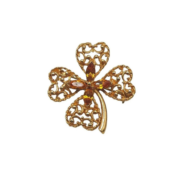 Orange Crystal Rhinestone Flower Open Work Brooch Pin Gold Tone Vintage - Picture 1 of 4